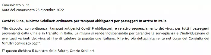 Italian Ministry of Health: New Coronavirus rapid test mandatory for all travelers from China