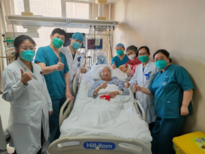 A 99-year-old patient with a new coronary infection was successfully treated and transferred to a general ward